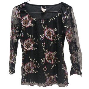 VTG‎ Y2K Wrapper Crop Top Medium Black Flora Embroidered Sequin Mesh Grunge Goth